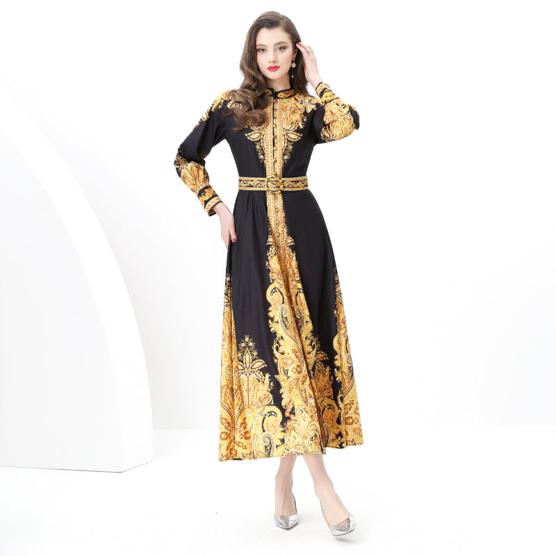 Original design: Spring, Summer, Autumn, resort style, retro stand-up collar, single-row print, wide hem maxi dress