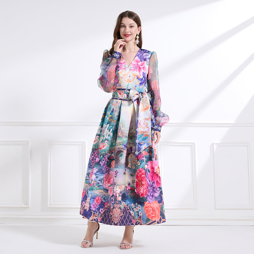 Original design - spring/summer resort-style lace-up wrap skirt, balloon sleeves, cross collar print, wide hem ruffle skirt