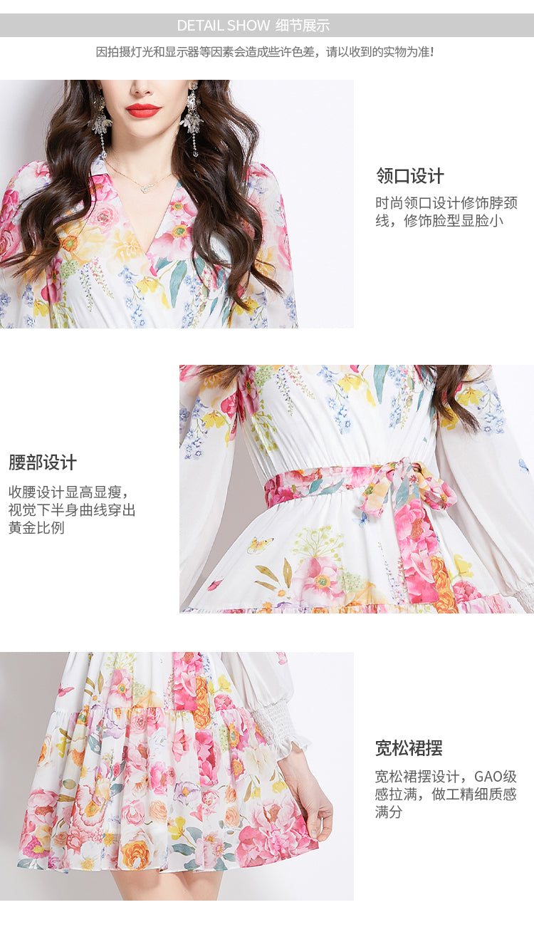 Original Design Spring/Summer Vacation New Flower Oil Painting Style V-neck Short Dress