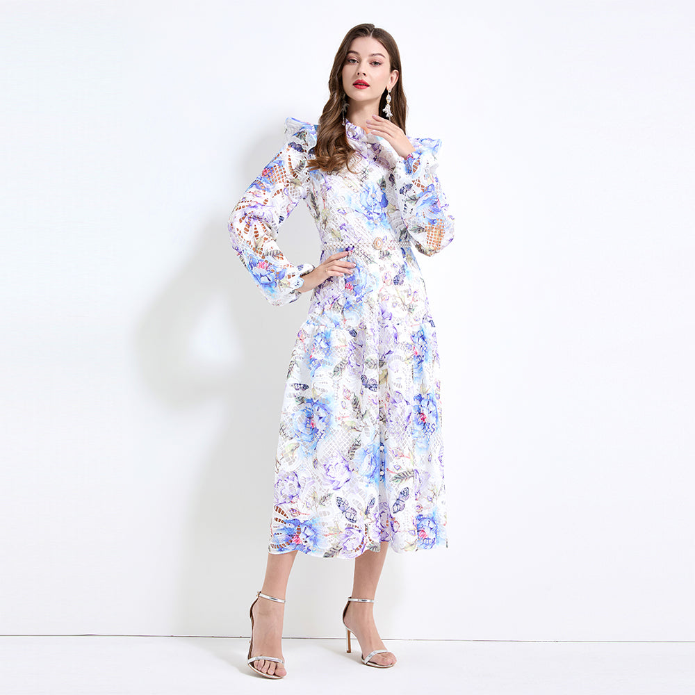 Original design - Spring/Summer vintage stand collar floral print heavy industry water-soluble long waist lace dress