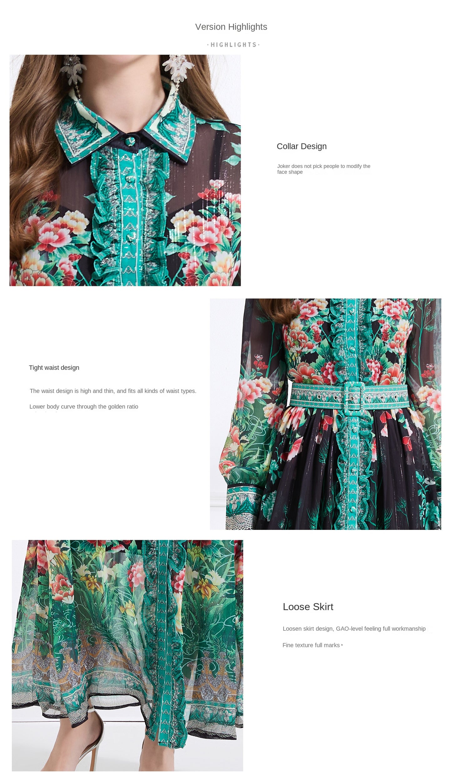 Original design - Spring/Summer, Autumn chiffon shirt collar print, long sleeves, cinched waist, ruffled maxi skirt