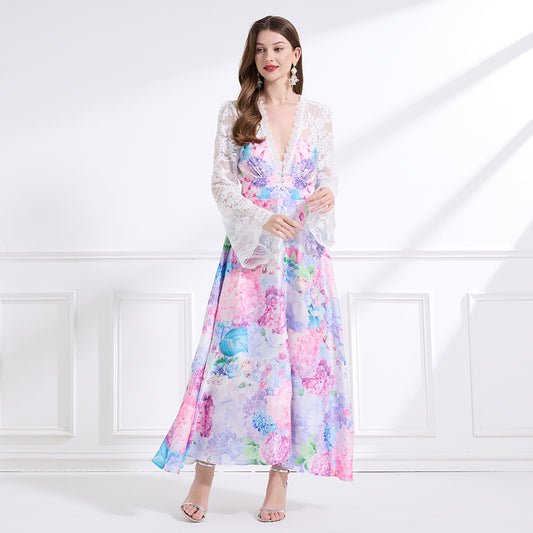 Original design - spring and summer resort style lace patchwork print waist maxi skirt ruffle dress