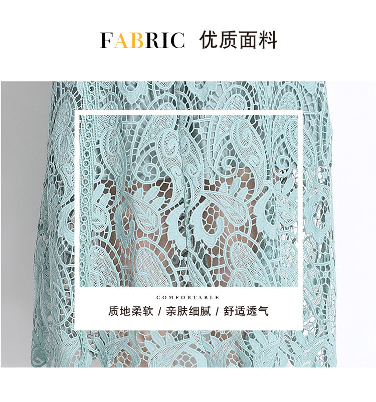 Original design temperament short sleeved skirt slim fit waist cinching heavy industry water-soluble lace dress for women