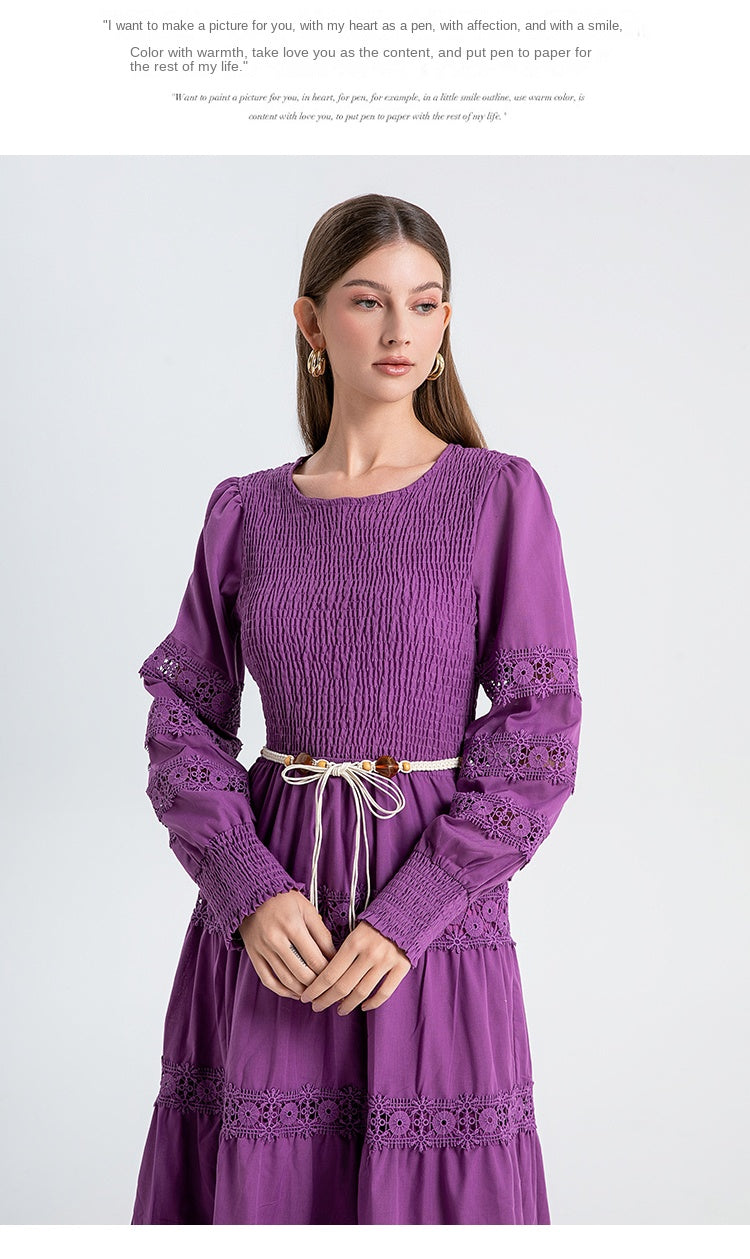 The French vintage maxi skirt is cut-out and laced in a solid color, cinching the waist and showing a slim round neck, lace panels