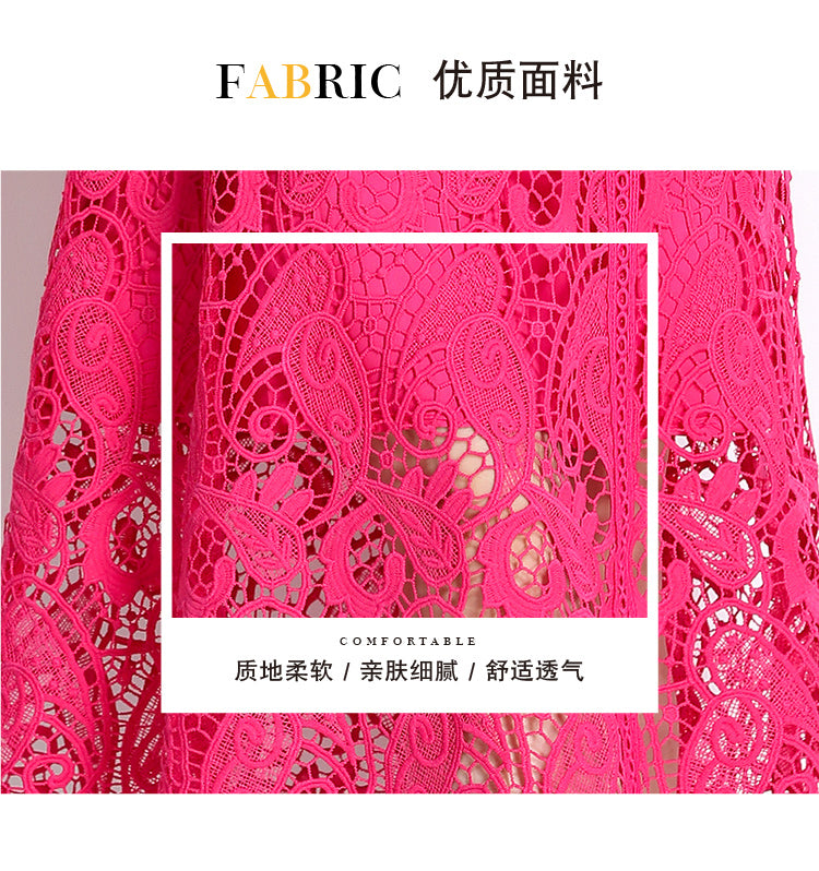 Original design temperament short sleeved skirt slim fit waist cinching heavy industry water-soluble lace dress for women