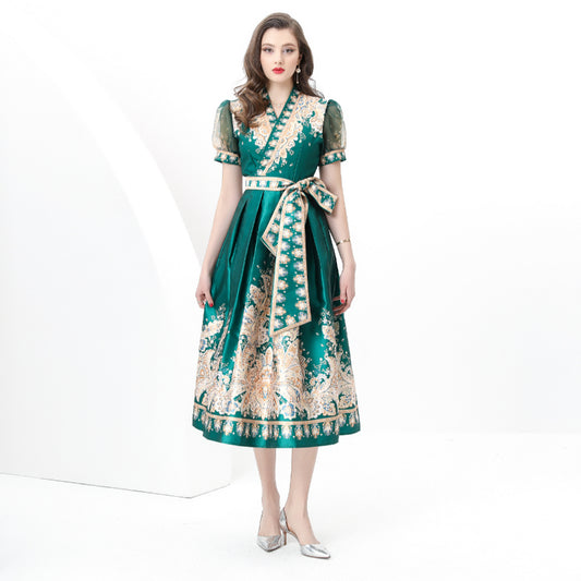 original design Spring/summer wrap tie style V-neck balloon sleeve long vintage print dress