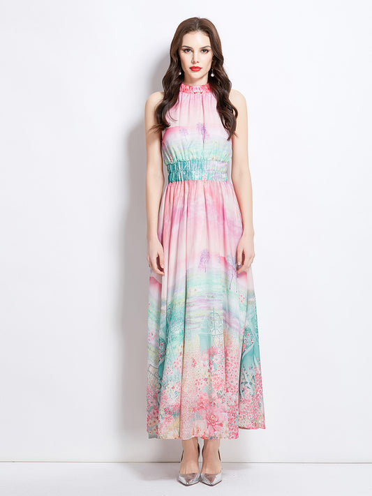 Original design: spring, summer, autumn vacation, new oil painting, flower print, halterneck maxi dress