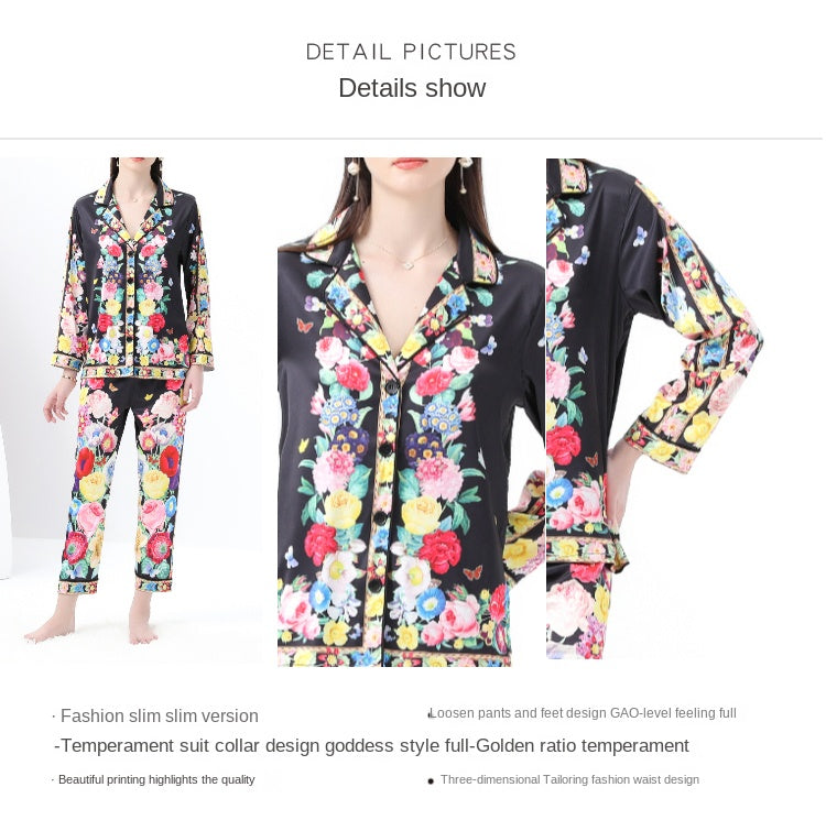 Original design spring/summer-autumn - casual trim pajama suit set with a suit collar long sleeves trousers print 2-piece set