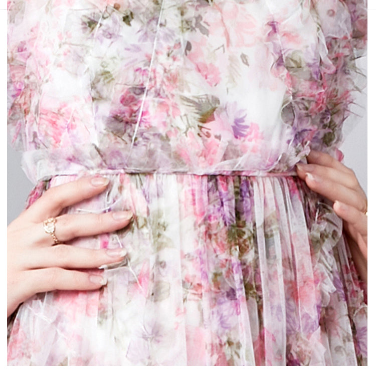 Original design graphic women's French purple and red flower print elegant temperament dress