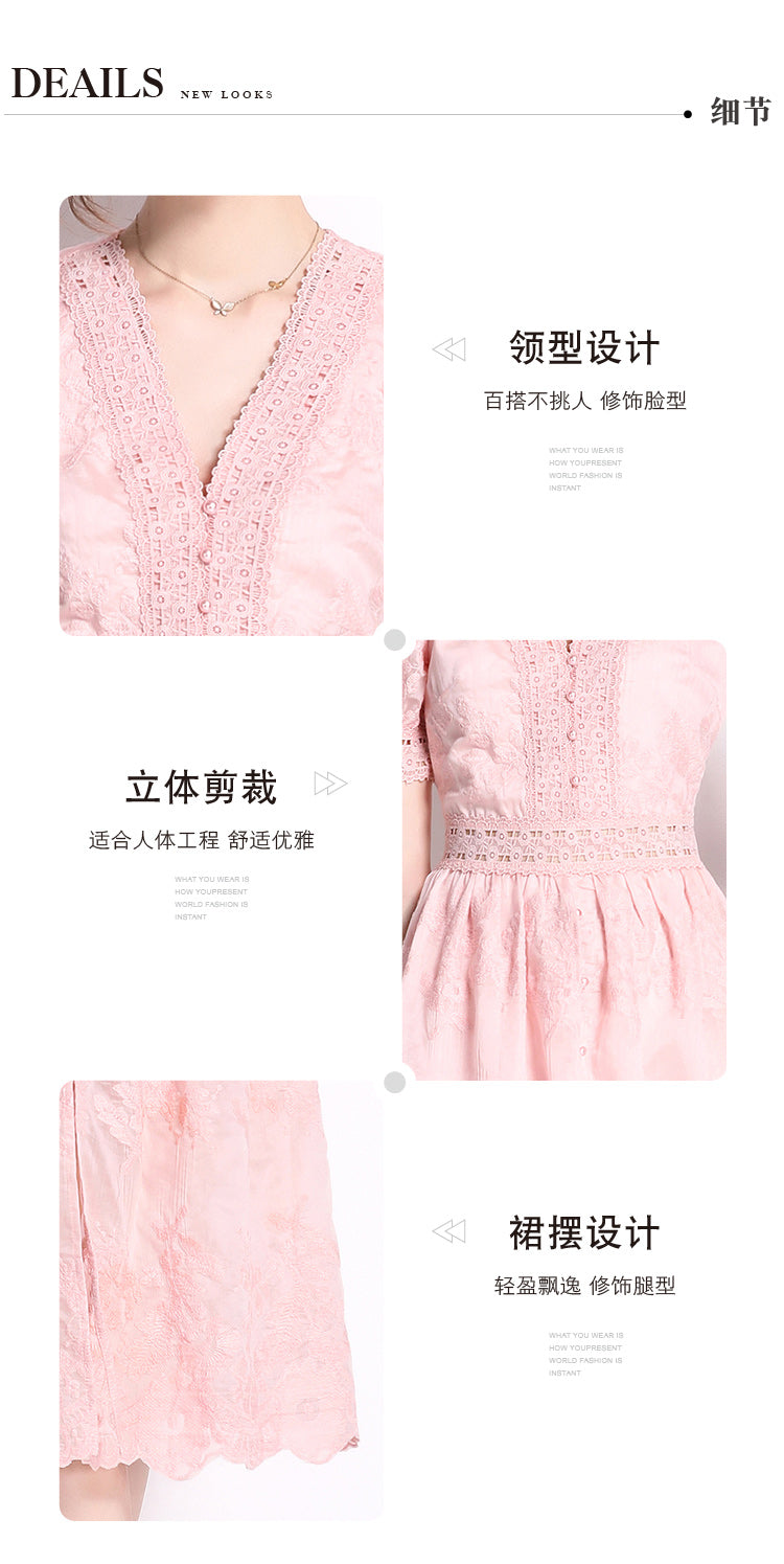 Original Design: Spring/Summer Embroidered V-neck Dress with Lace and Lace Charm Slimming Skirt