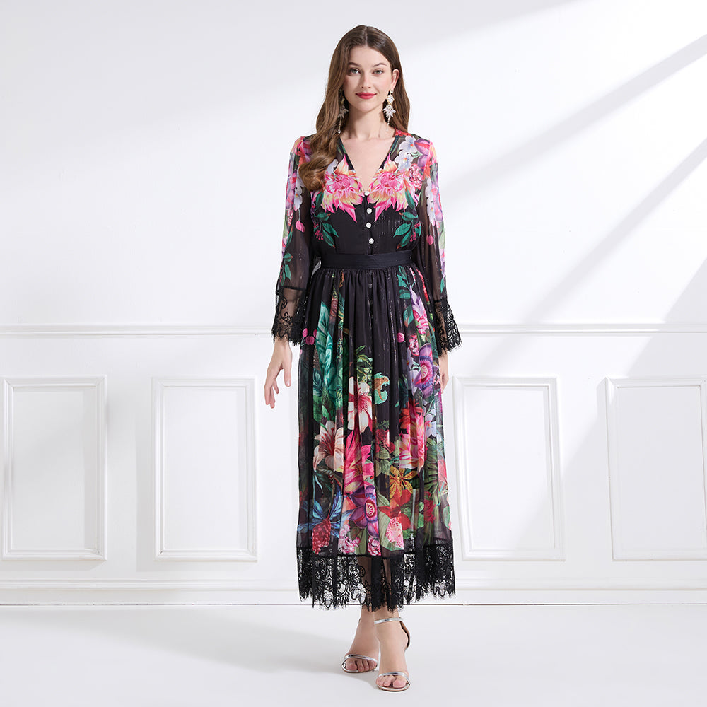 Original design Spring/summer resort V-neck lace print suit with waist ruffle maxi dress