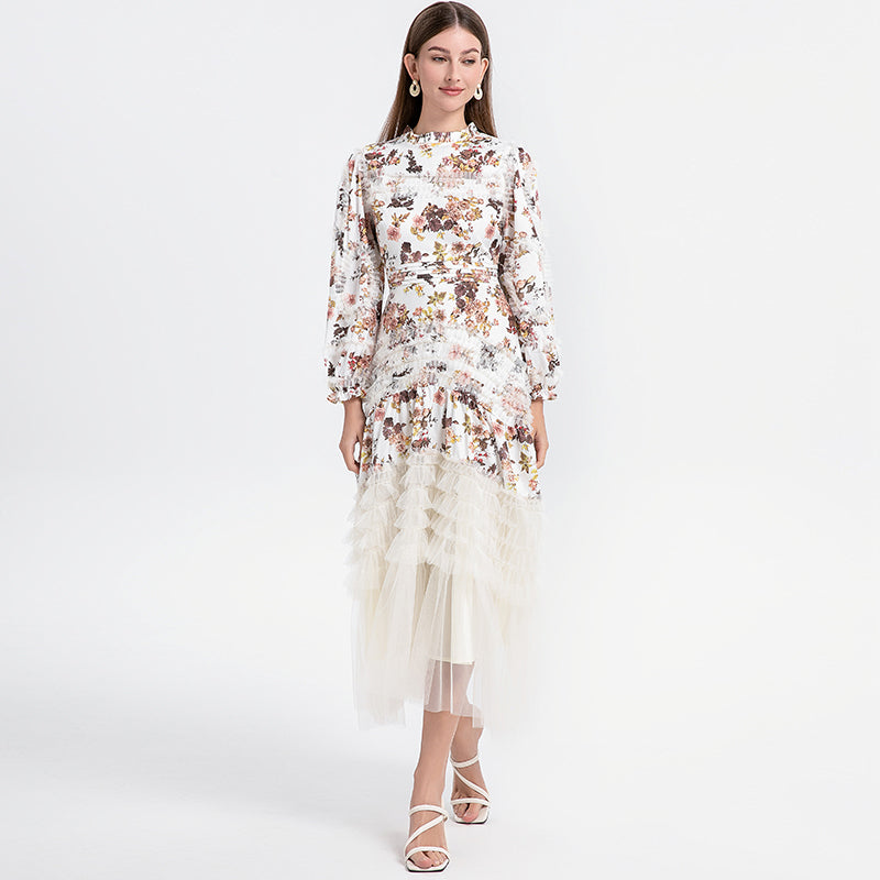 Artwork boutique print patchwork mesh fungus trimmed French court-style women's dress