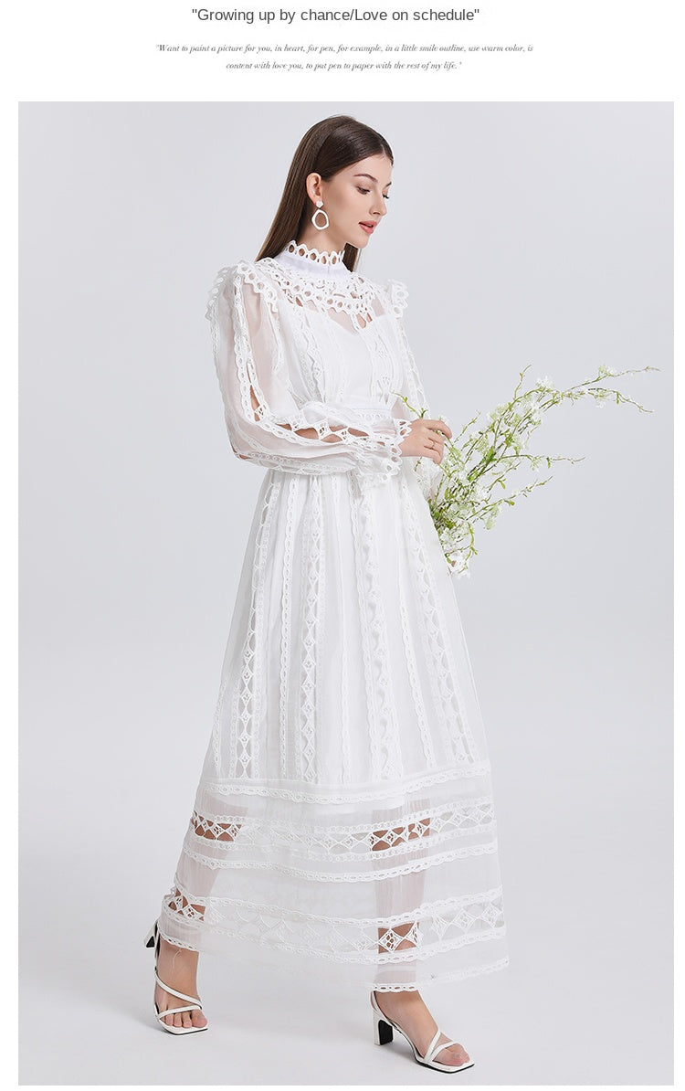 Art cut-out embroidered solid color French maxi skirt waist temperament women's dress