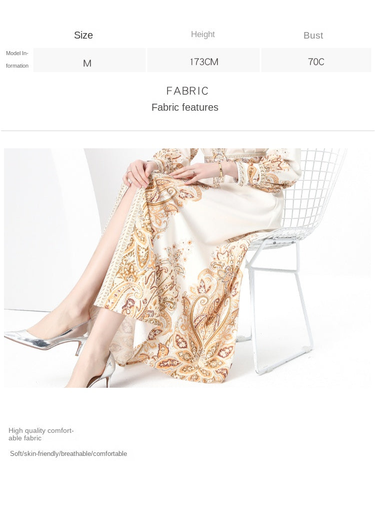 Original design: Spring, Summer, Autumn, resort style, vintage stand-up collar, single-breasted, lace panel, printed wide hem maxi dress