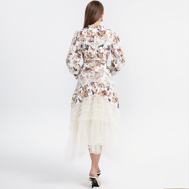 Artwork boutique print patchwork mesh fungus trimmed French court-style women's dress