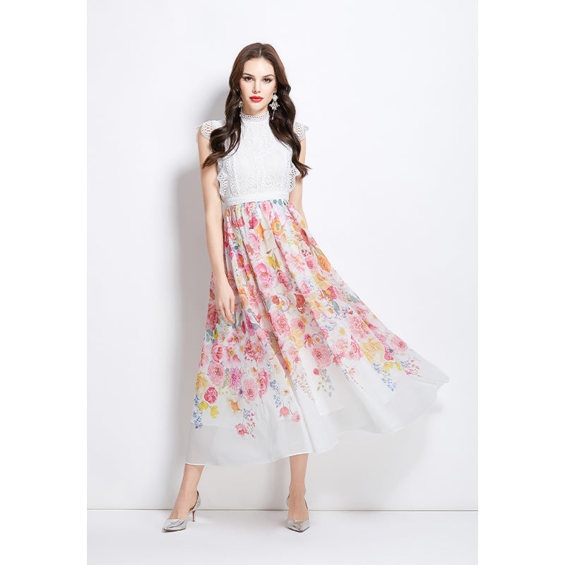 Original Design Spring/Summer/Autumn Vacation New Colorful Oil Painting Style Lace Splicing Long Dress