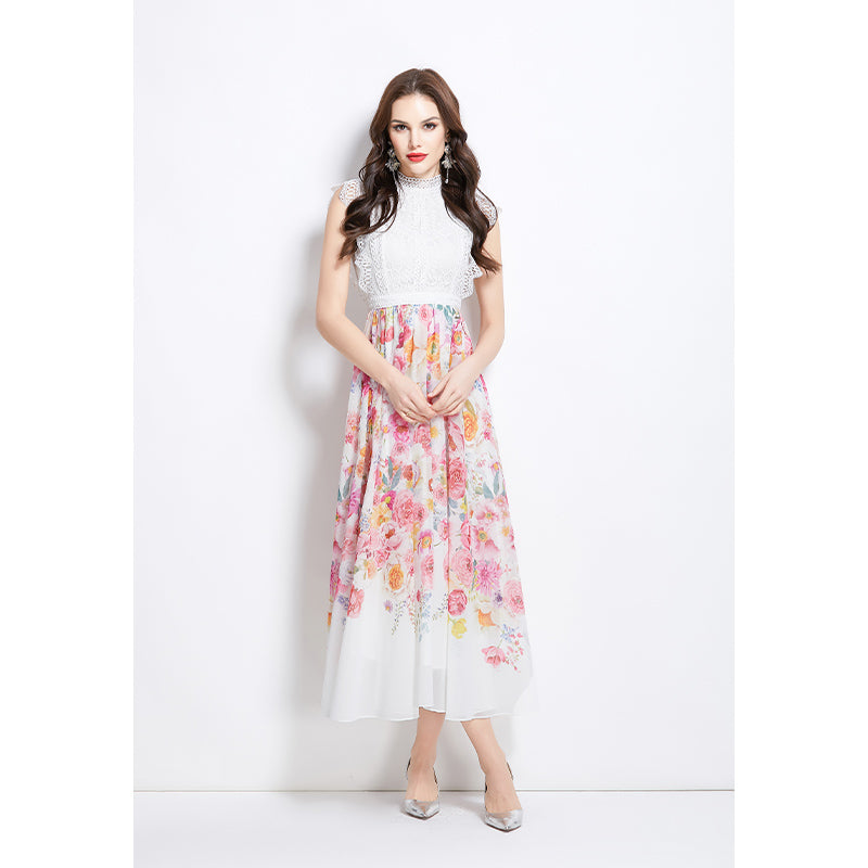 Original Design Spring/Summer/Autumn Vacation New Colorful Oil Painting Style Lace Splicing Long Dress