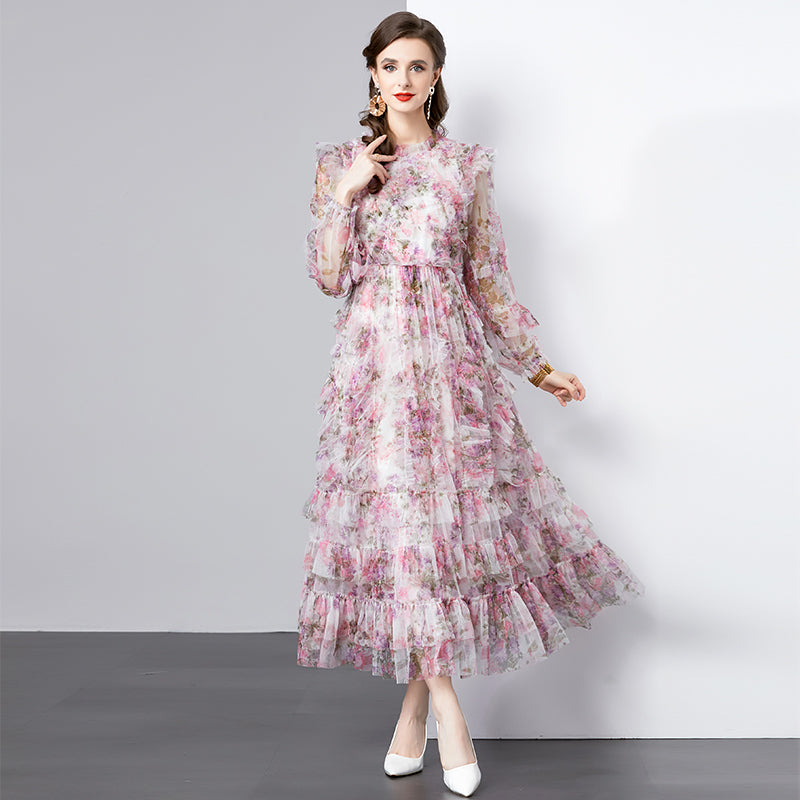 Original design graphic women's French purple and red flower print elegant temperament dress