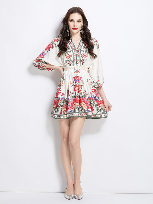 Original design spring summer autumn vacation ethnic style print elegant temperament short V-neck dress