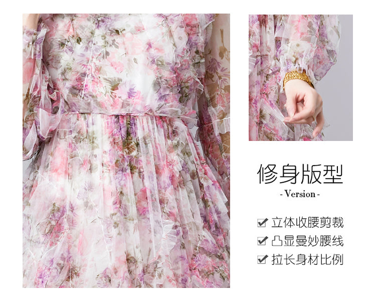 Original design graphic women's French purple and red flower print elegant temperament dress