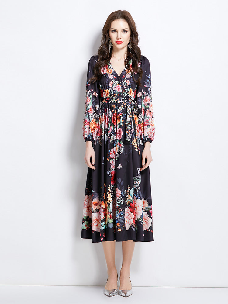 Original Design Spring/Summer Oil Painting Flower Pattern Wrapped Mid length Dress