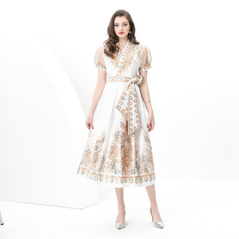 Spring/summer wrap tie style V-neck balloon sleeve long vintage print dress