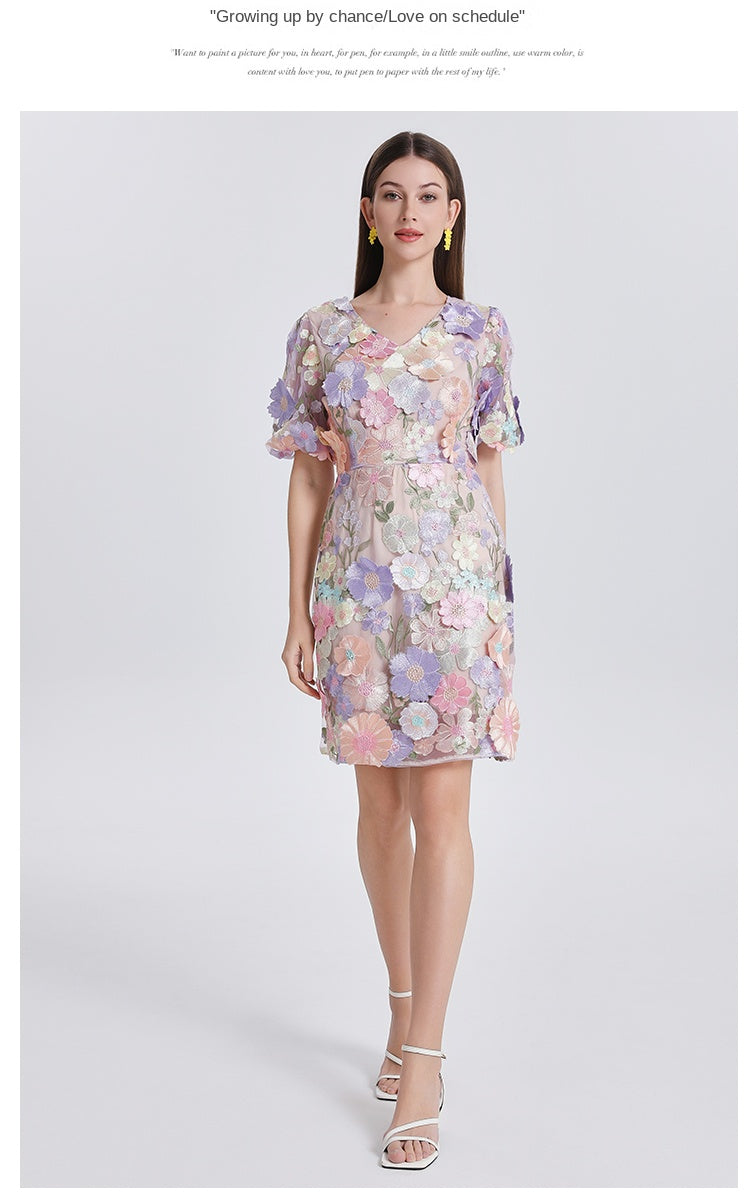 Original Design Heavy Industry Embroidery Boutique Handmade Color Customized Flower V-neck Bubble Sleeve Wrap Hip Dress