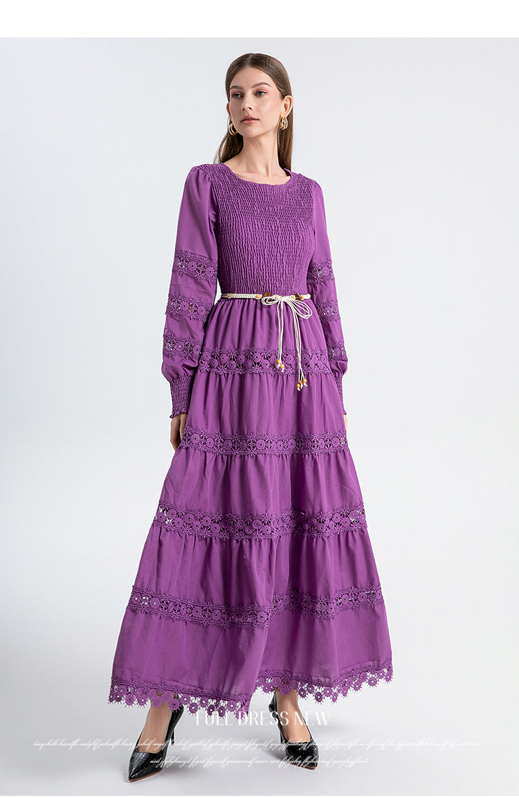 The French vintage maxi skirt is cut-out and laced in a solid color, cinching the waist and showing a slim round neck, lace panels