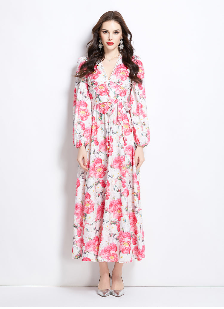 Original Design Spring/Summer Watercolor Flower Long Sleeve Retro Long Dress
