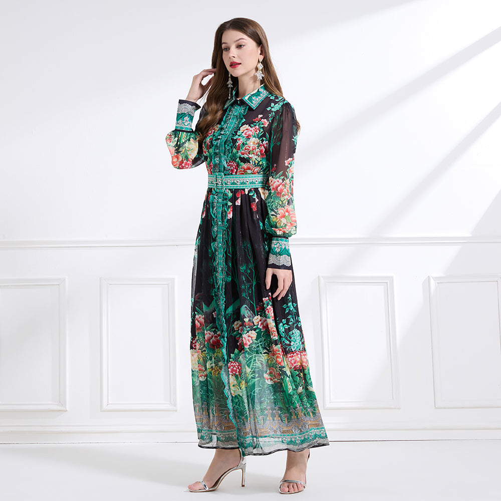 Original design - Spring/Summer, Autumn chiffon shirt collar print, long sleeves, cinched waist, ruffled maxi skirt