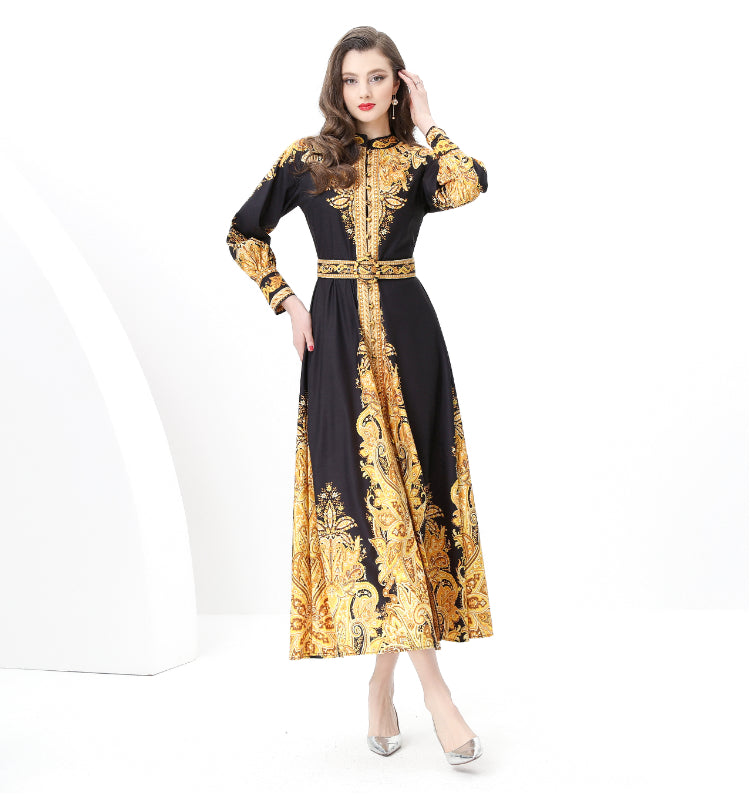 Original design: Spring, Summer, Autumn, resort style, retro stand-up collar, single-row print, wide hem maxi dress
