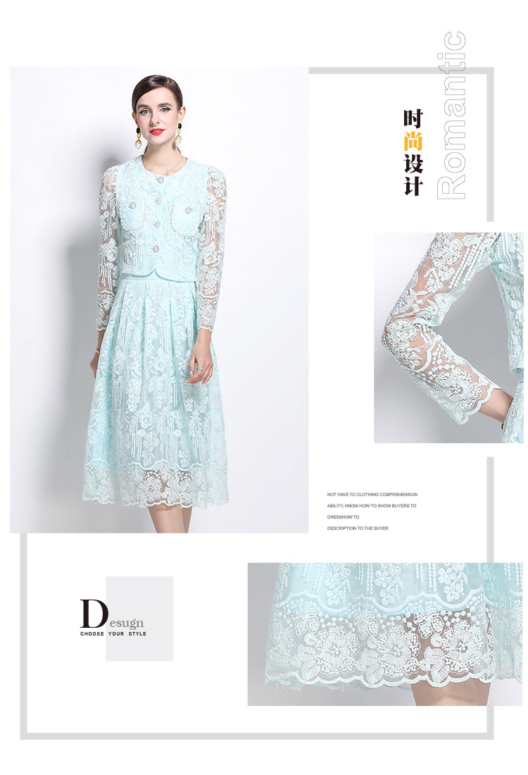 Original design for spring and summer long sleeved small fragrance style set light luxury temperament water-soluble lace skirt two-piece set