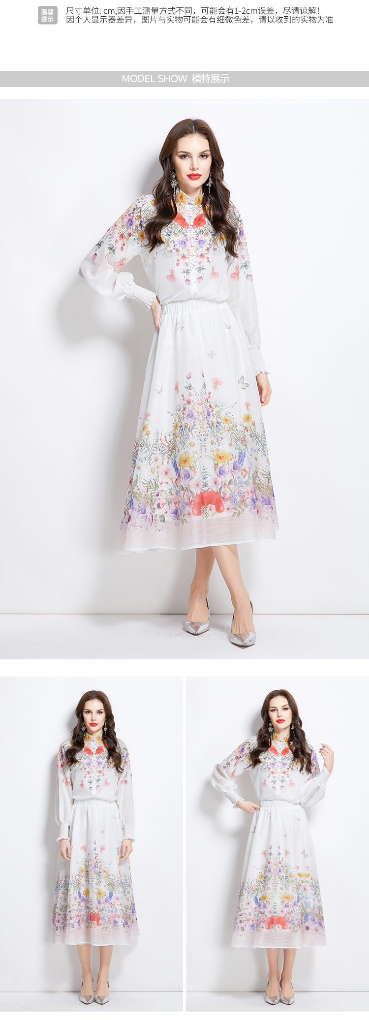 Original Design Spring/Summer/Autumn Vacation Oil Painting Flower Shirt Top Folding Mid length Skirt Set