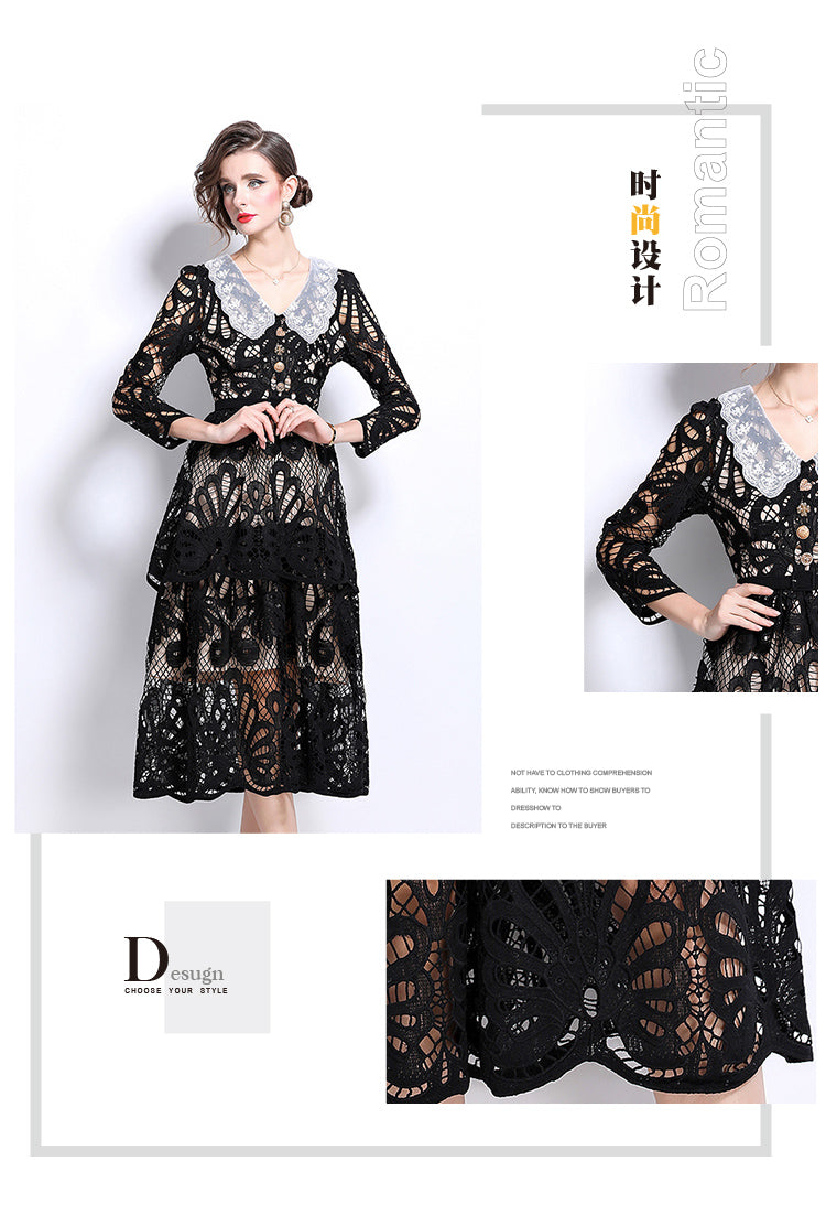 Original Design: Spring and Summer High End Water soluble Embroidered Medium length Skirt with V-neck and Waist cinching to Look Thin Dress