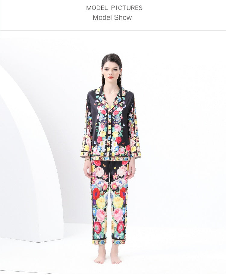 Original design spring/summer-autumn - casual trim pajama suit set with a suit collar long sleeves trousers print 2-piece set