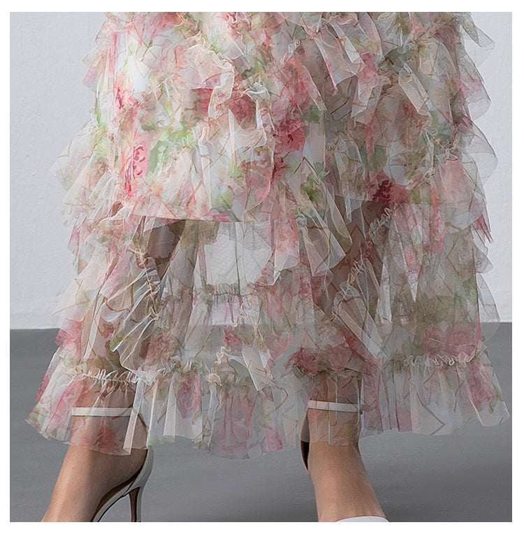Original design boutique heavy industry romantic fairy temperament printed fungus edge French dress