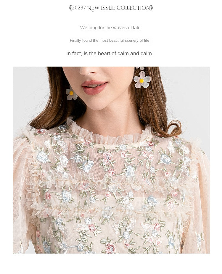 Original Design Women's Countryside Forest Style Heavy Industry Colorful Embroidered Black Fungus Edge Large Swing Dress