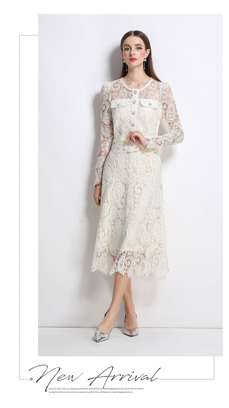 Real shot spot8583# New Style Chanel-Inspired Set Light Luxury High-End Water-Soluble Lace Skirt Two-Piece Set