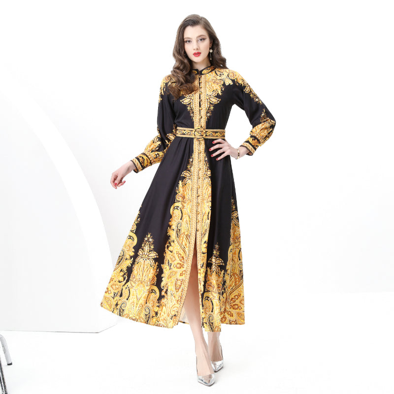 Original design: Spring, Summer, Autumn, resort style, retro stand-up collar, single-row print, wide hem maxi dress