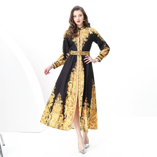 Original design: Spring, Summer, Autumn, resort style, retro stand-up collar, single-row print, wide hem maxi dress
