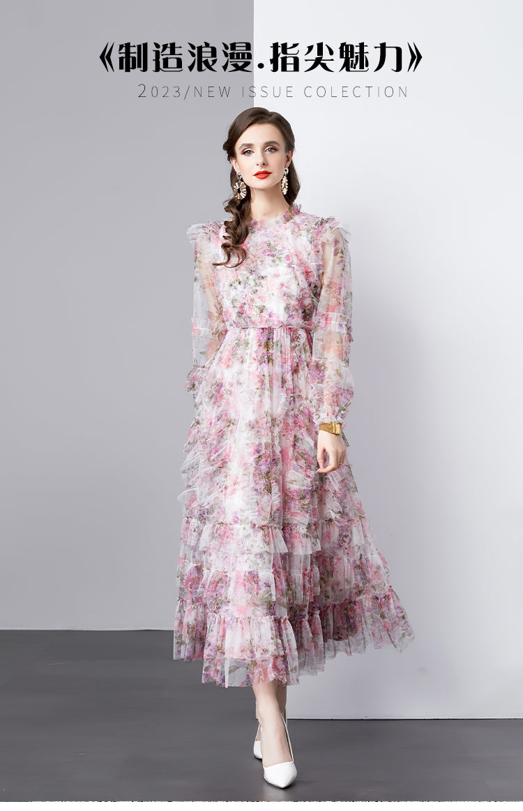 Original design graphic women's French purple and red flower print elegant temperament dress
