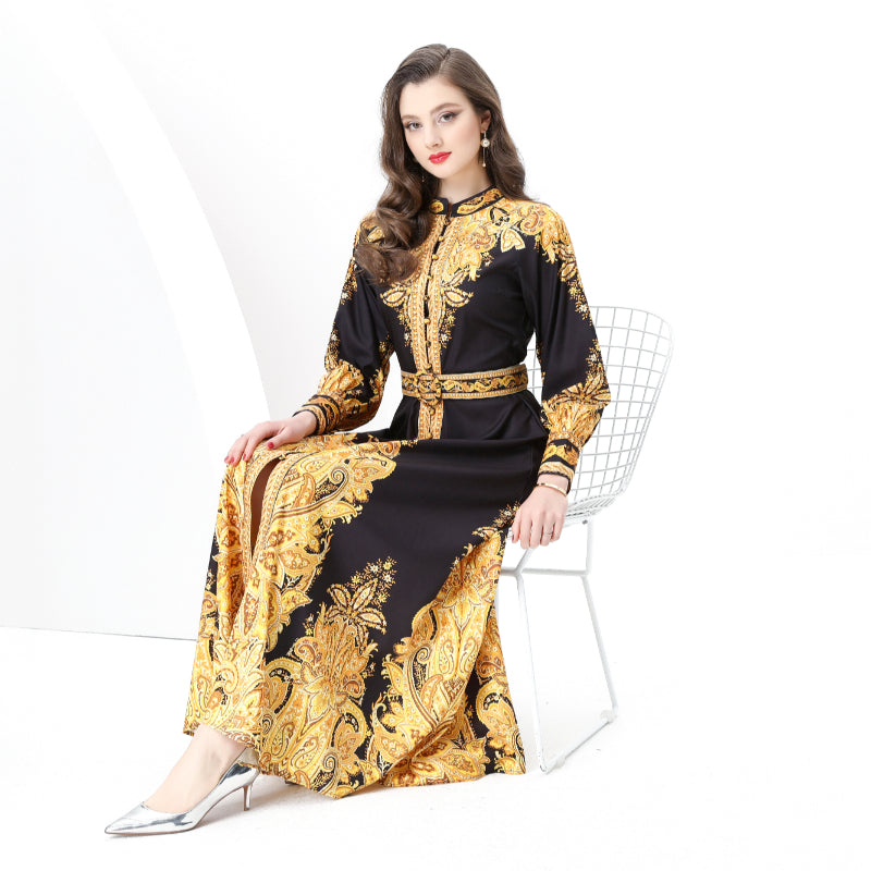 Original design: Spring, Summer, Autumn, resort style, retro stand-up collar, single-row print, wide hem maxi dress