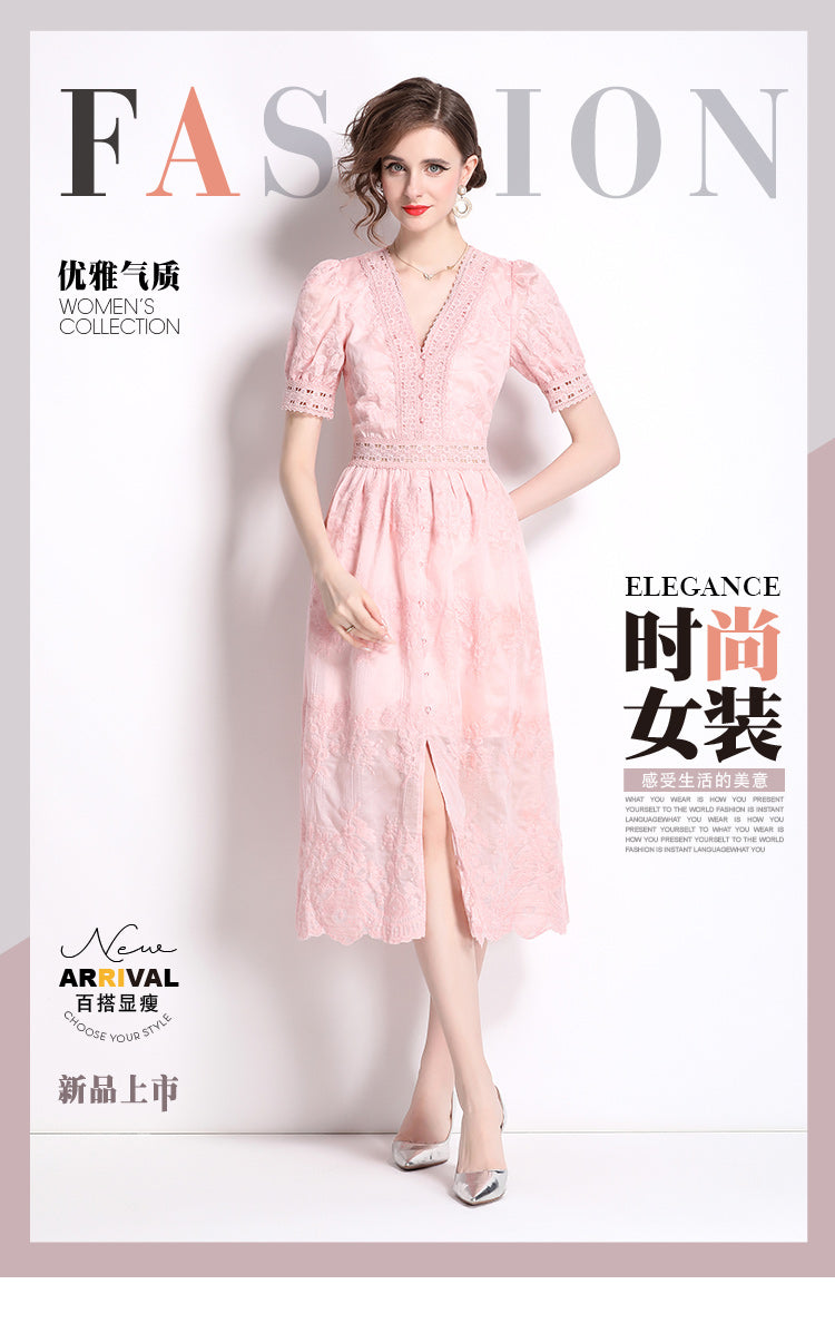 Original Design: Spring/Summer Embroidered V-neck Dress with Lace and Lace Charm Slimming Skirt