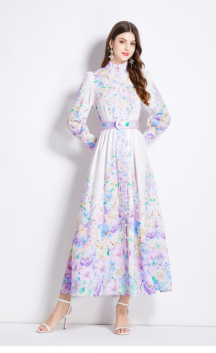 Original Design Spring/Summer Autumn Vacation New Flower Oil Painting Style Stand up Collar Long Dress