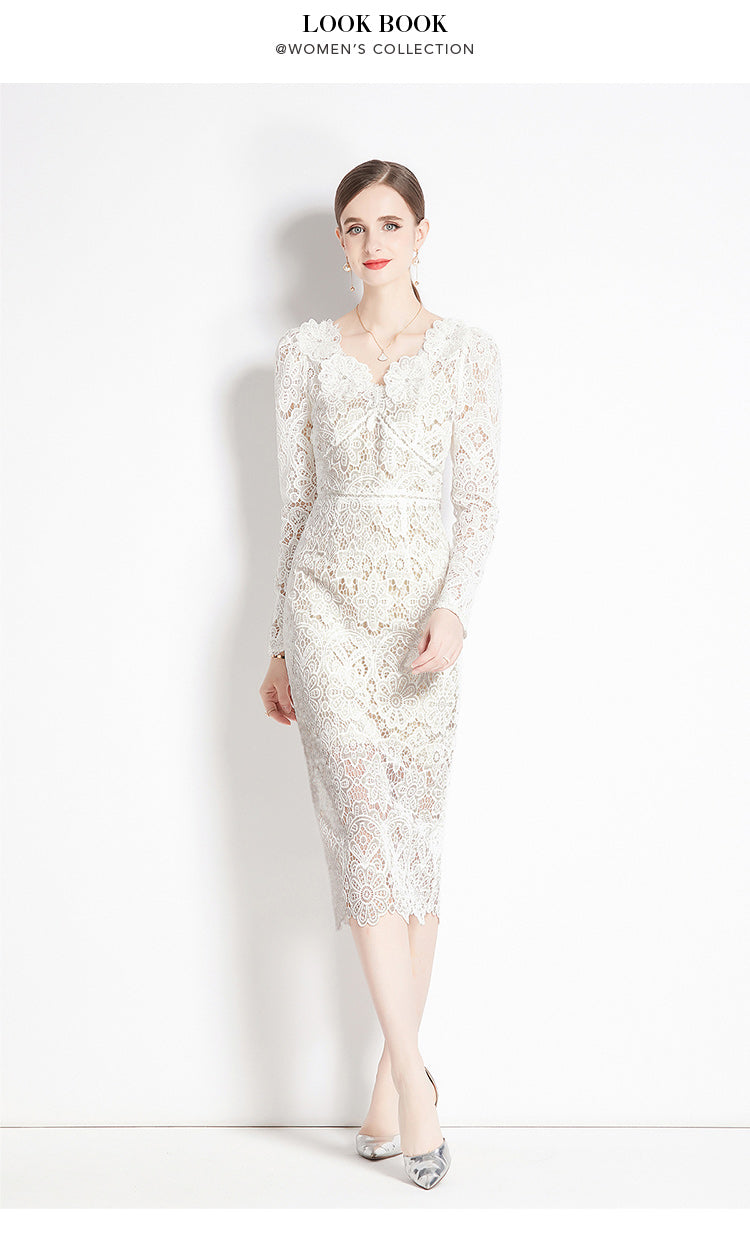 Original design for spring and summer water-soluble lace V-neck slim fit mid length dress for women