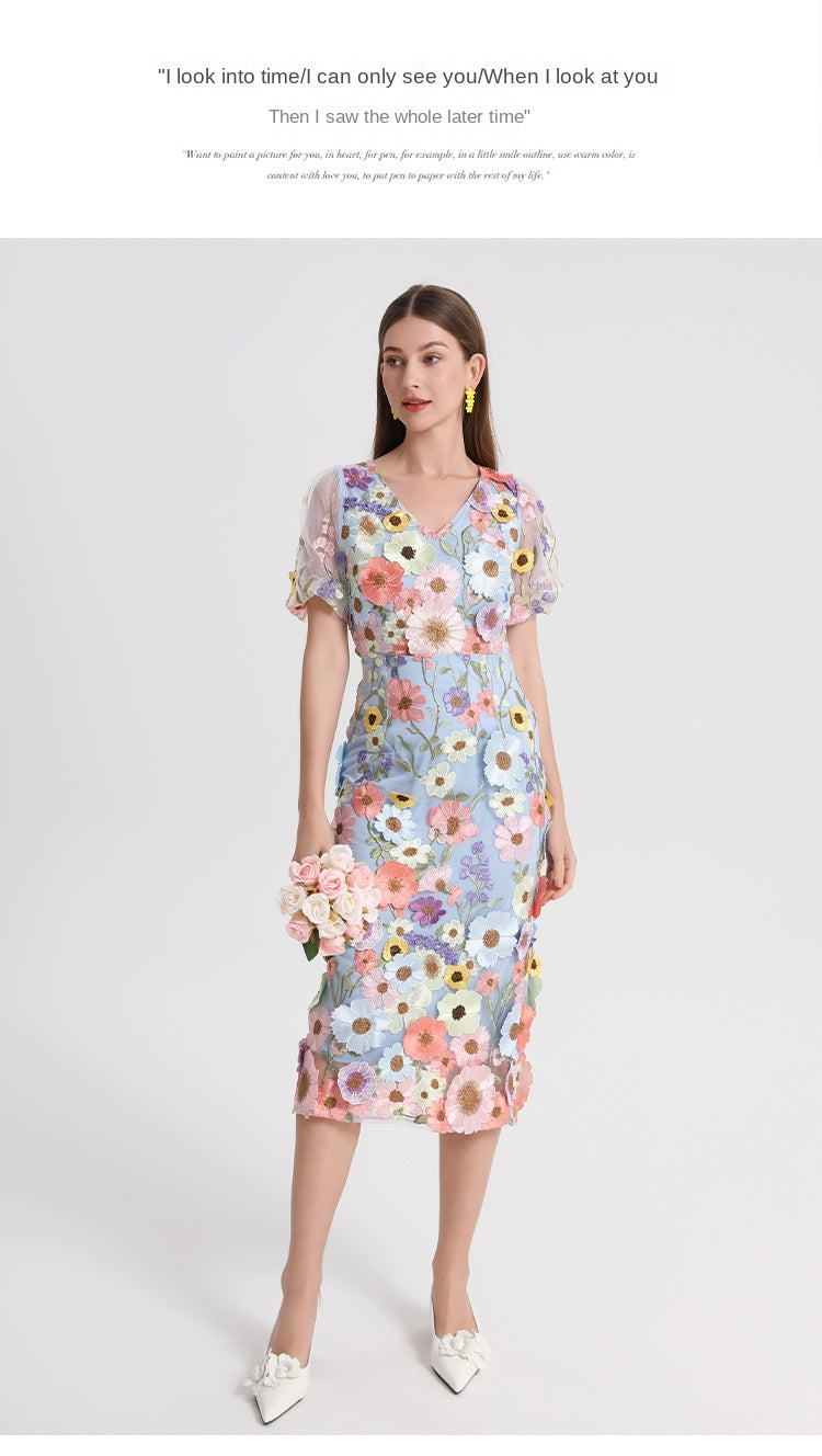 Original Design Heavy Industry Embroidered Boutique Color Handmade Customized Vintage V-neck Split Hip Wrap Dress