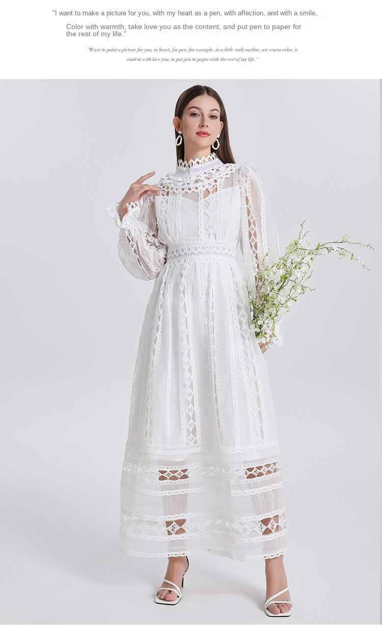 Art cut-out embroidered solid color French maxi skirt waist temperament women's dress