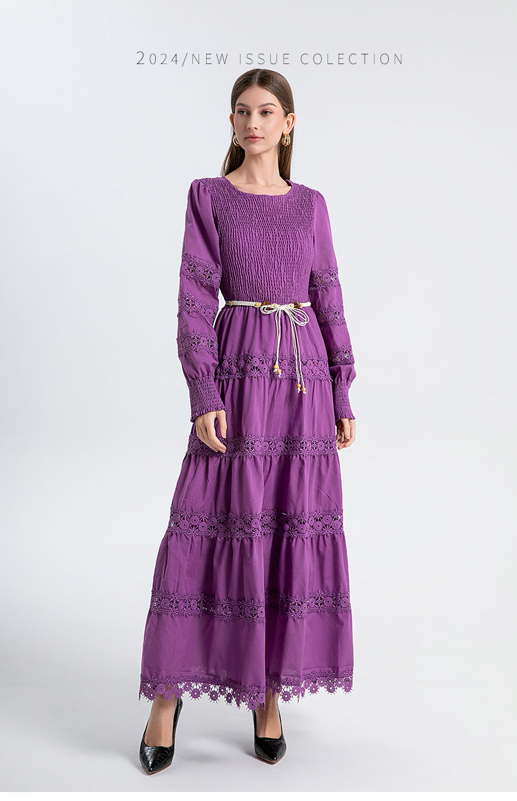The French vintage maxi skirt is cut-out and laced in a solid color, cinching the waist and showing a slim round neck, lace panels