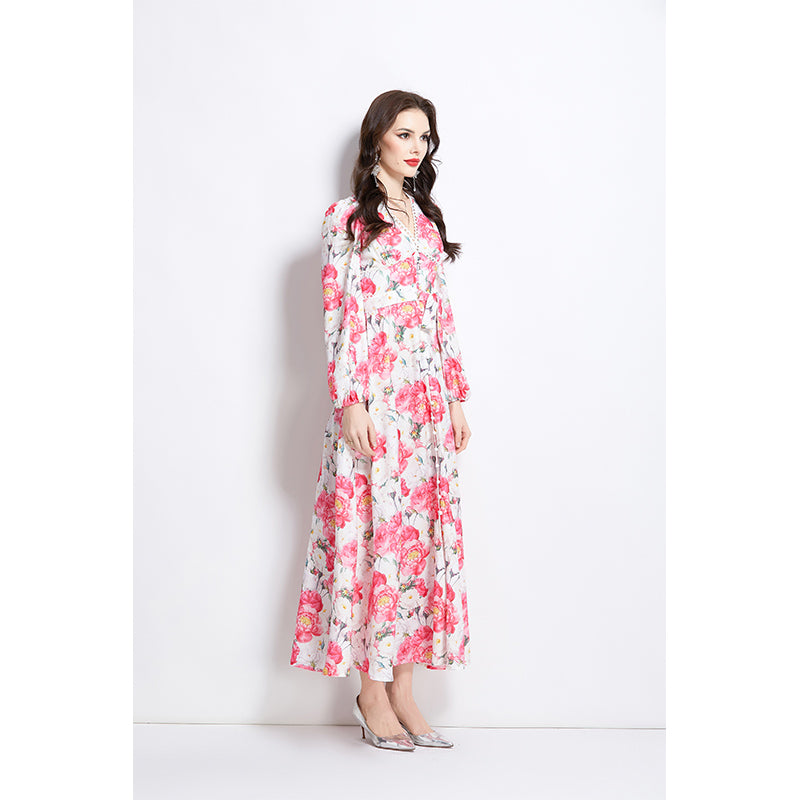 Original Design Spring/Summer Watercolor Flower Long Sleeve Retro Long Dress