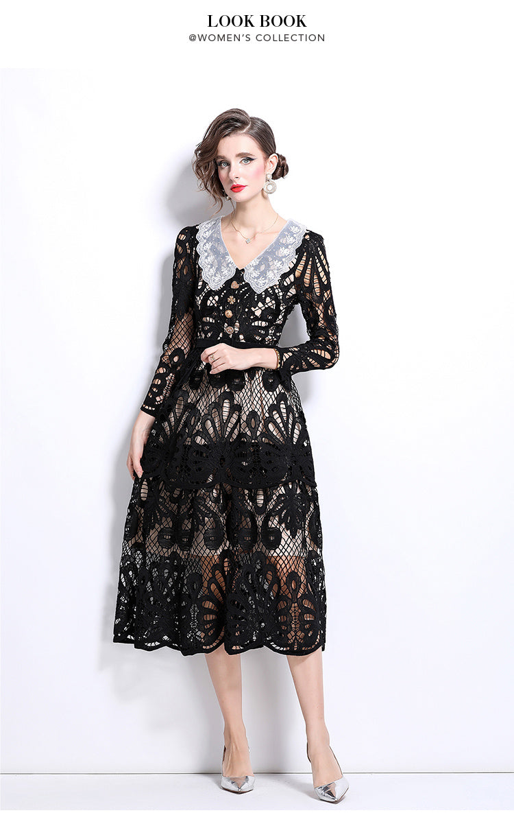Original Design: Spring and Summer High End Water soluble Embroidered Medium length Skirt with V-neck and Waist cinching to Look Thin Dress